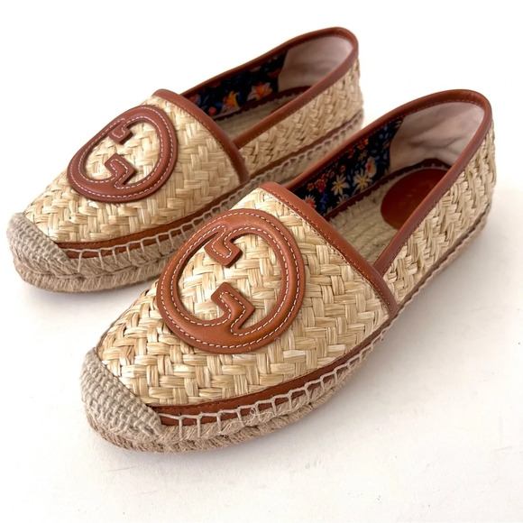 GUCCI || Adela GG Raffia Espadrilles Brown Leather Logo EU 36 US 6 - Picture 1 of 13